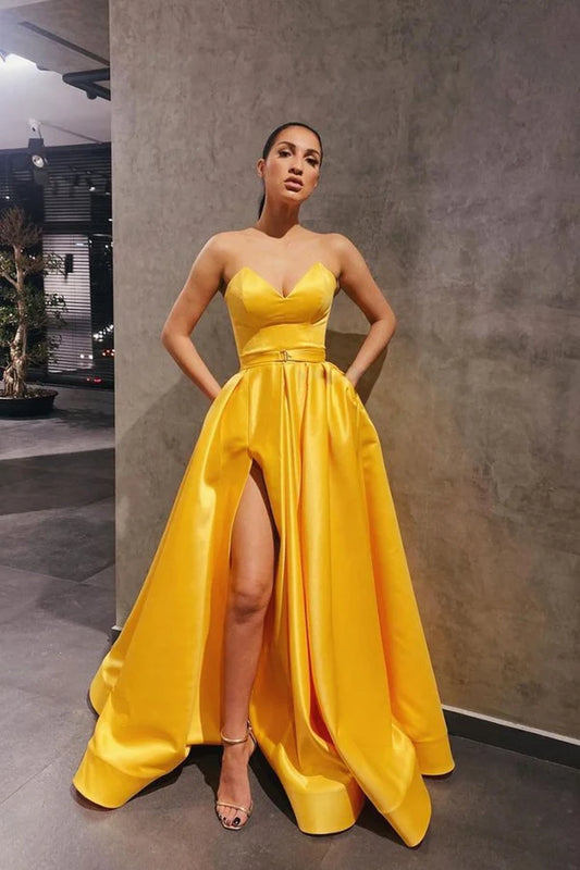 A Line Yellow Evening Gown Strapless Long Satin Prom Dress