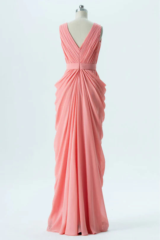 Coral Pink V-Neck Wrap Banded Waist Unique design Bridesmaid Dress ﻿