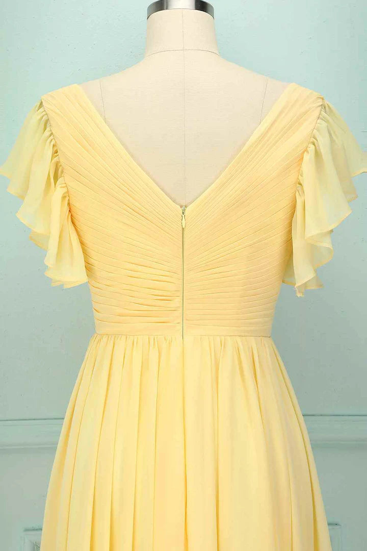 Yellow V-Neck Classic fit Ruffled Pleated Backless Bridesmaid Dress