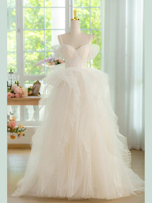 Sweet Heart-shaped collar Bead Decoration Shoulder strap Tulle Beads Long Fantastic Tulle Irregular Prom Dress