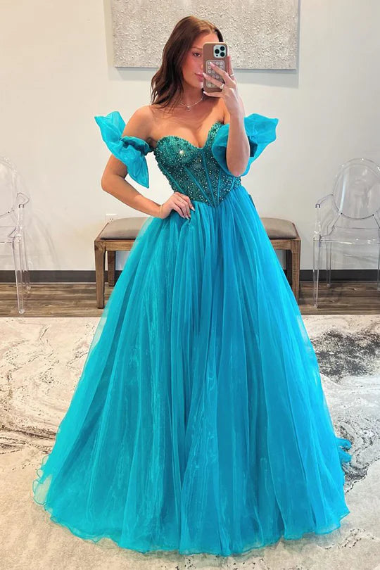 Strapless Off-the-Shoulder Blue Beaded Long Prom Dress with Sleeves