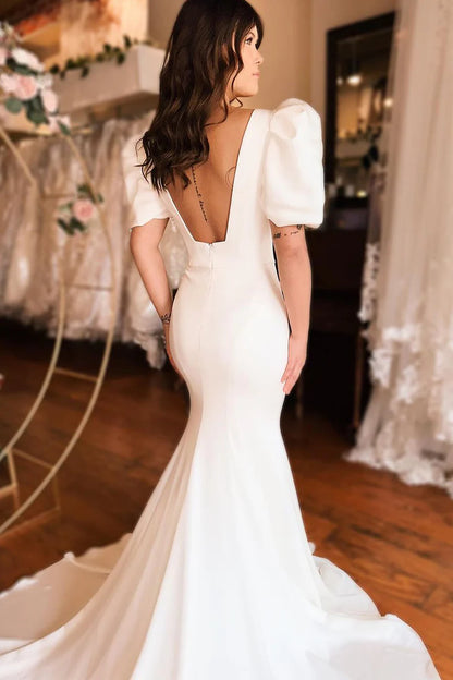 Charming Mermaid Square Neck Backless Satin Wrap The Buttocks Long Prom Dress with Ruffled Sleeves