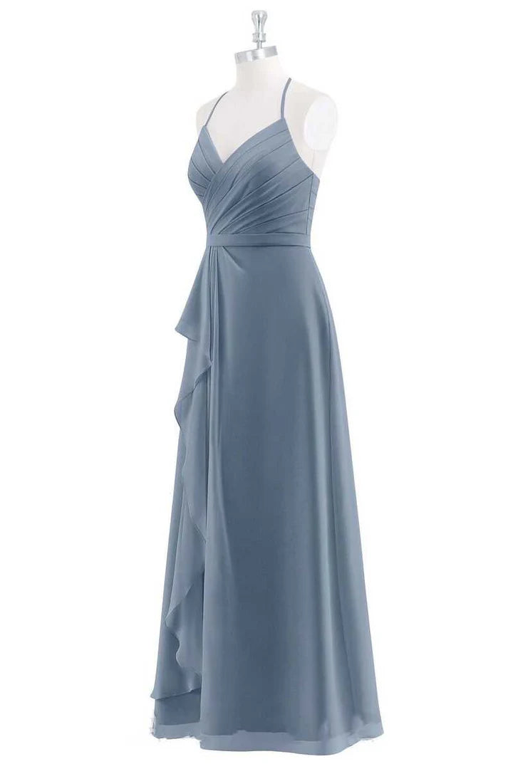 Dusty Blue Chiffon Halter Ruffled Back Cutout A-Line Maid of Honor Dress