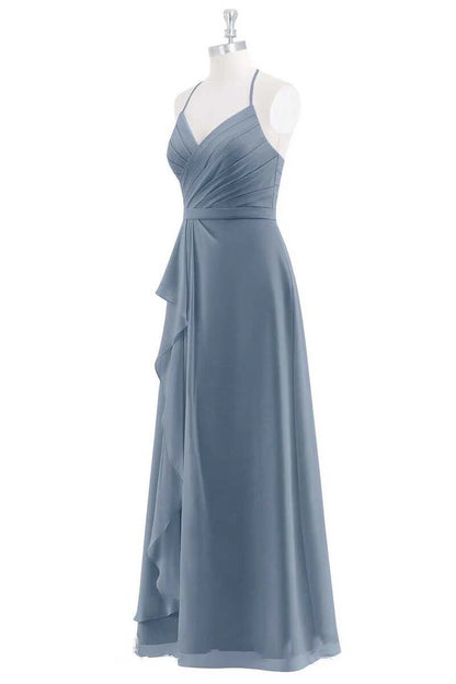 Dusty Blue Chiffon Halter Ruffled Back Cutout A-Line Maid of Honor Dress