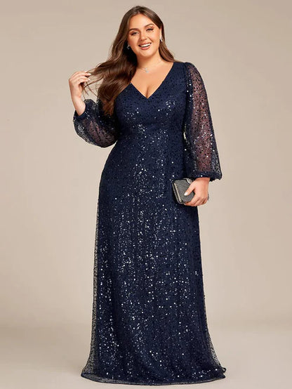 Plus Size V-Neck Lantern Long Sleeve Sequin A-Line Evening Dress/Prom Dresses Party Dresses