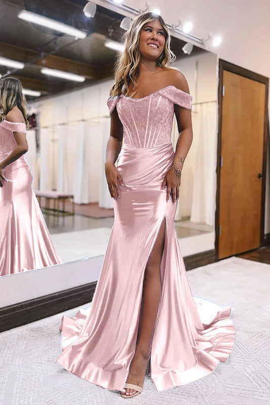 Candy Pink Mermaid Off The Shoulder Court Train Lace-Up Back Long Dress With Split