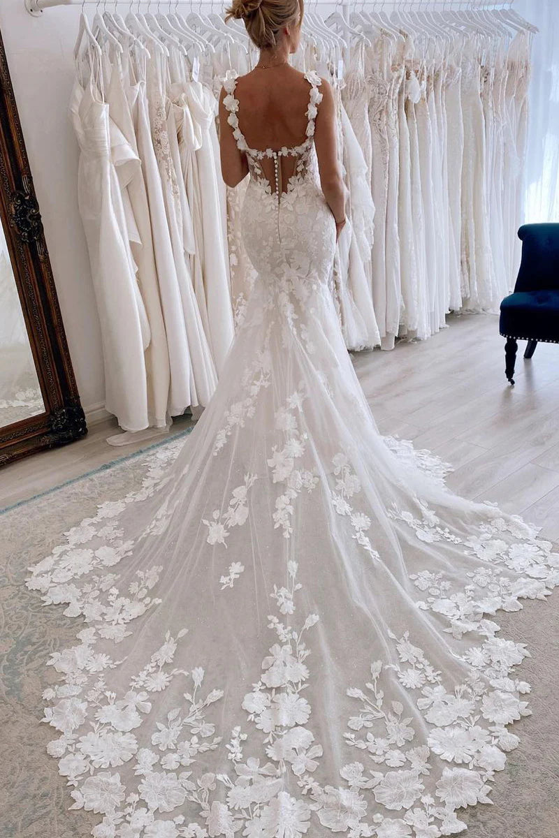 Charming Mermaid V Neck Spaghetti Strap Tulle Long Wedding Dresses with Appliques