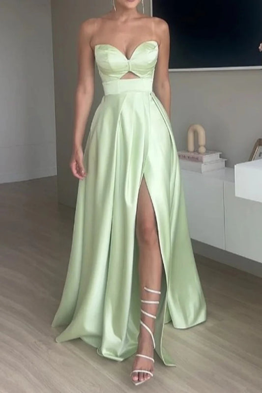 Green A-Line Off-the-Shoulder Strapless Satin Split Fork Long Prom Dress