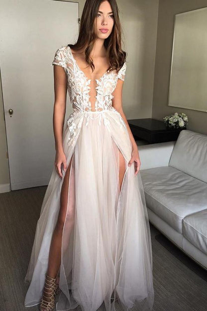 Cap Sleeve Deep V-neck Prom Dress With Appliques Sexy Split Wedding Dresses