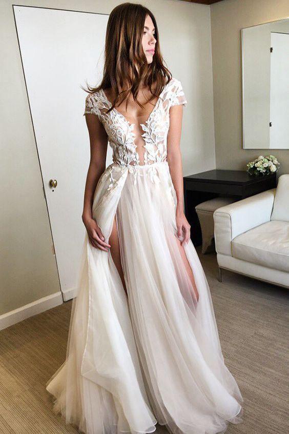 Cap Sleeve Deep V-neck Prom Dress With Appliques Sexy Split Wedding Dresses