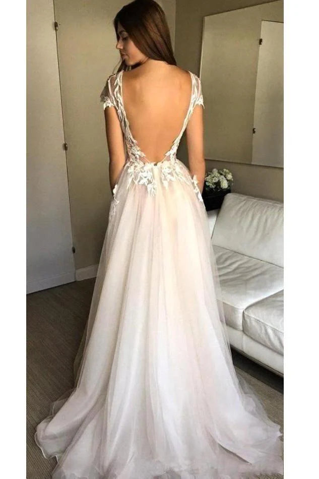 Cap Sleeve Deep V-neck Prom Dress With Appliques Sexy Split Wedding Dresses