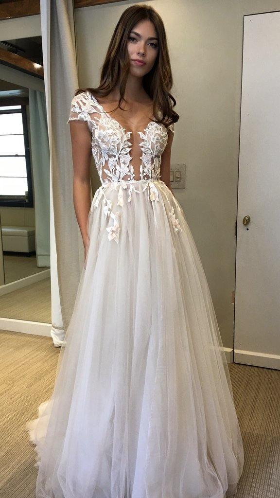 Cap Sleeve Deep V-neck Prom Dress With Appliques Sexy Split Wedding Dresses