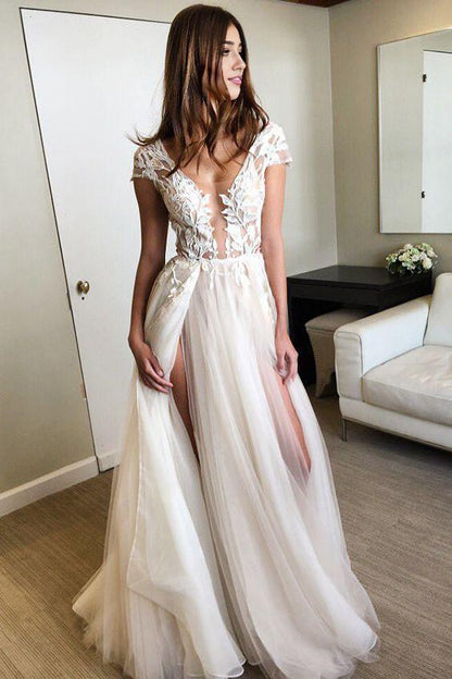A Line Wedding Dresses Cap Sleeve Deep V-neck Prom Dress  Backless Sweep/Brush Train Dresses With Appliques