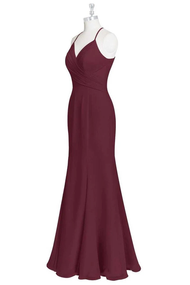 Burgundy Halter Spaghetti Straps  Mermaid Long Bridesmaid Dress