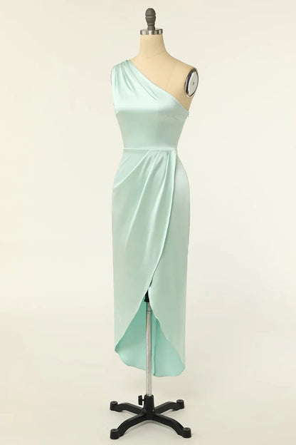 Mint Green Satin One-Shoulder Pleats Slim-fit Bridesmaid Dress