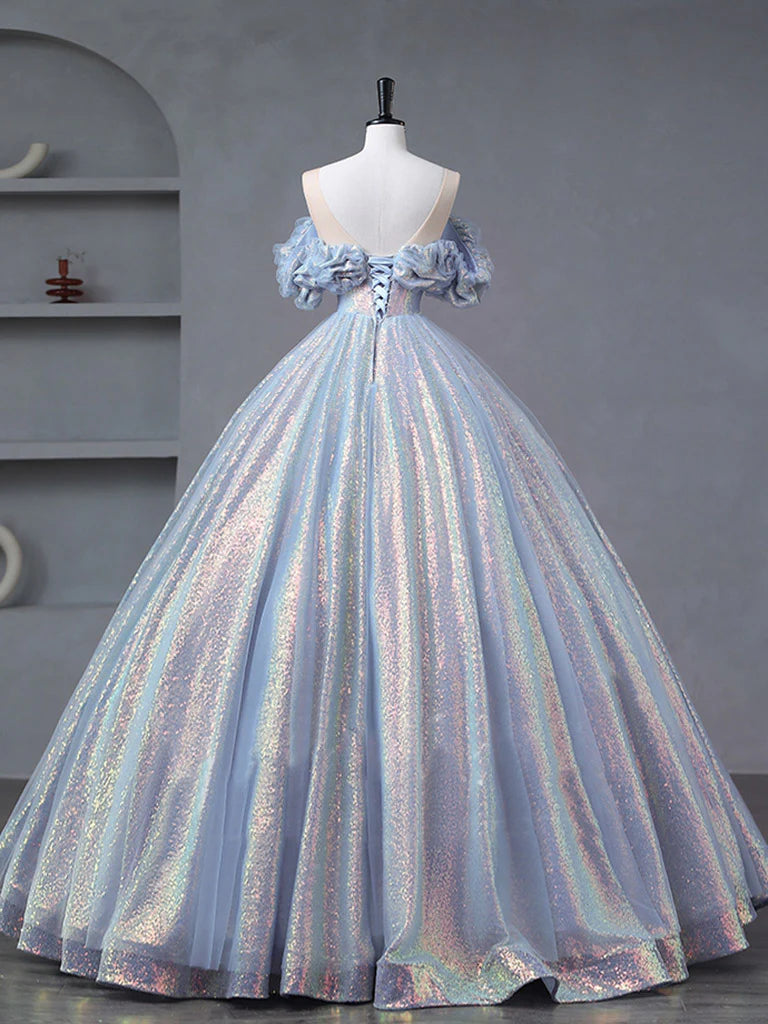 Fashion A-Line Off Shoulder Tulle Shining Sequin Long Atmosphere Prom Dress