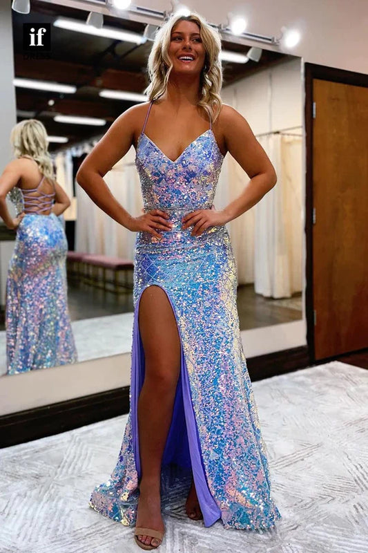 Charming Mermaid V Neck Spaghetti Strap Blue Sequins Long Prom Dresses with Slit