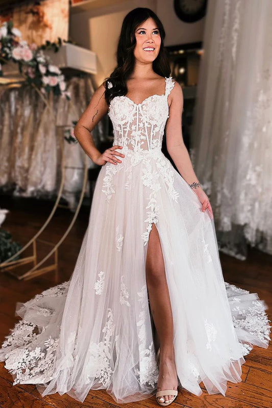 Fairy A Line V-Neck Sweetheart Tulle Long Wedding Dresses with Appliques