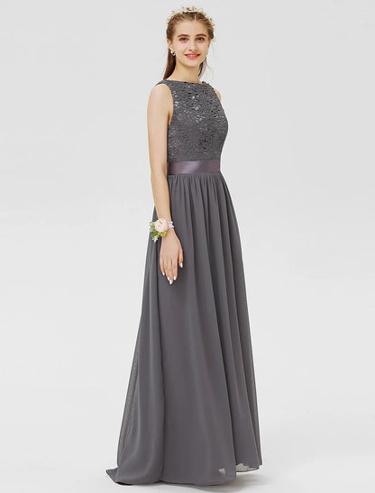 Sheath / Column Bateau Floor Length Chiffon / Floral Lace Bridesmaid Dress with Lace / Sash / Ribbon