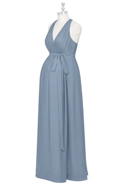 Dusty Blue V-Neck Halter Backless Pleats Maternity Bridesmaid Dress