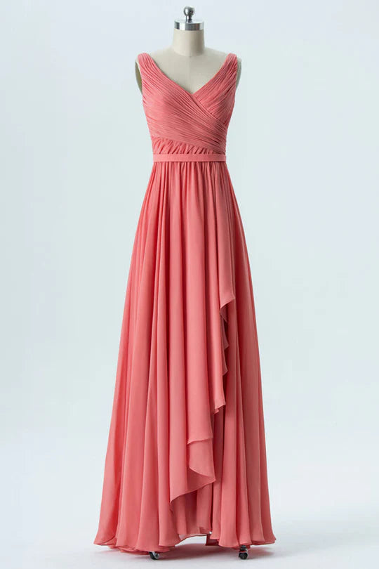 Coral Pink V-Neck Chiffon Sleeveless Ruffled Unique design Bridesmaid Dress