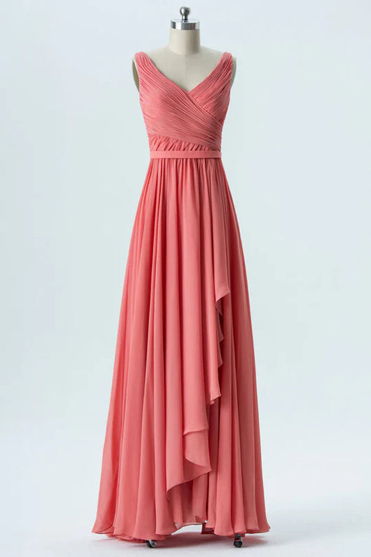 Coral Pink V-Neck Chiffon Sleeveless Ruffled Unique design Bridesmaid Dress