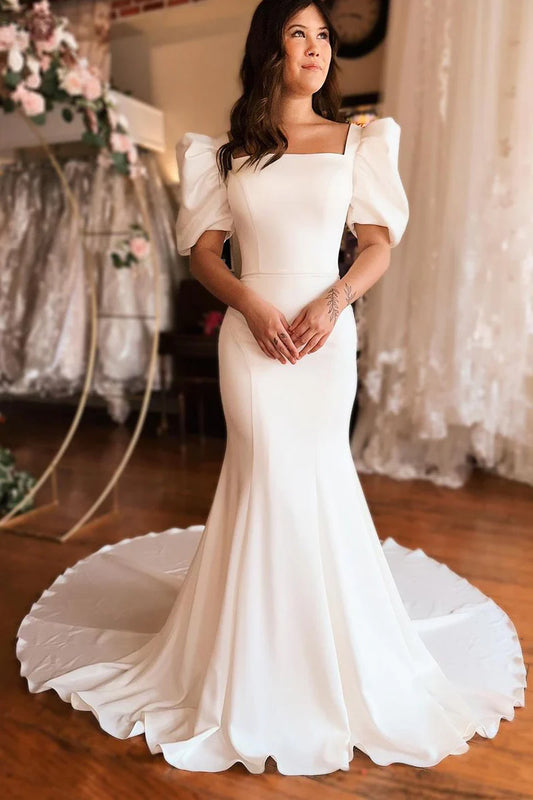 Charming Mermaid Square Neck Backless Satin Wrap The Buttocks Long Prom Dress with Ruffled Sleeves