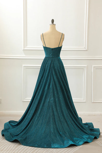 Blue V-Neck Spaghetti Straps Floor-Length Long Sparkly Prom Dress ﻿