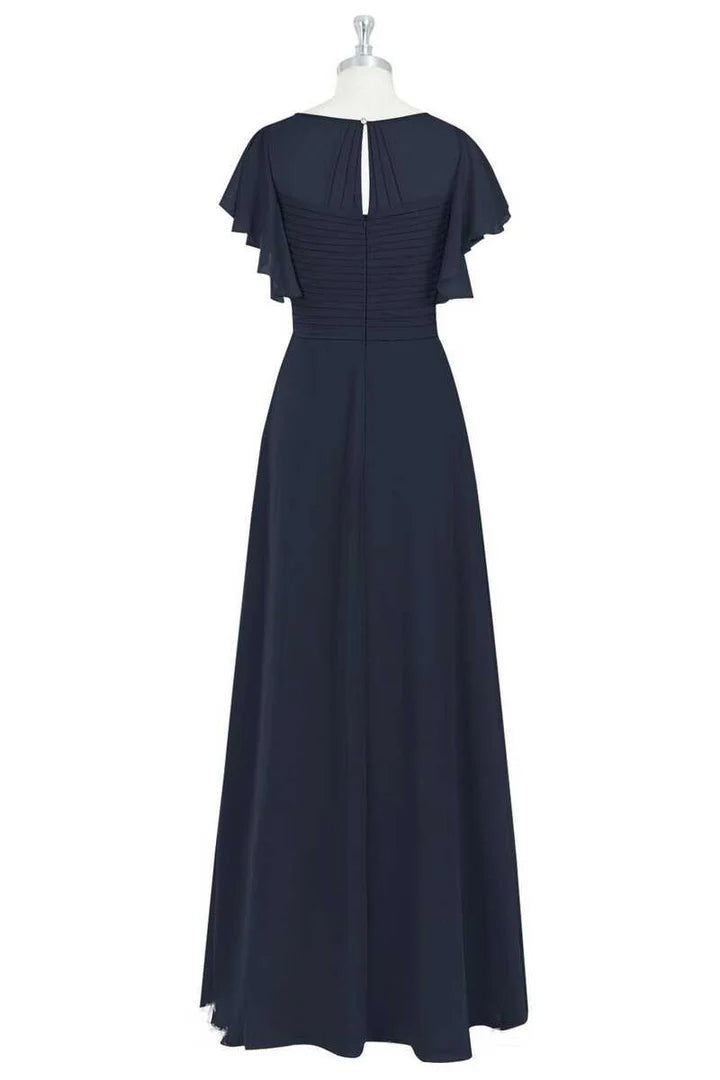 Black Chiffon Crew Neck Ruffled Retract your waist A-Line Bridesmaid Dress