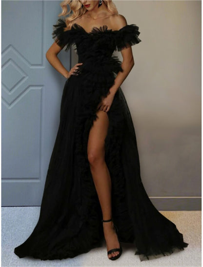 December Wedding Guest Dress A-Line Tiered Sweep / Brush Train Short Sleeve Off Shoulder Tulle Ruched Slit Prom Dresses