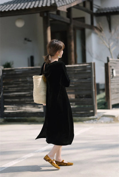 Loose Vintage Velvet Dress Casual Dress Round Neck Long Sleeves Formal Wear Dresses Wedding Guest Dress Evening Dress