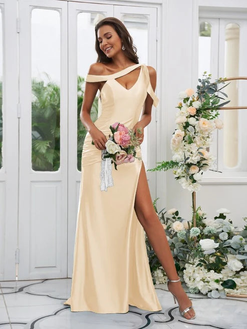 Sheath/Column Polyester Ruched Off-the-Shoulder Sleeveless Sweep/Brush Train Bridesmaid Dresses