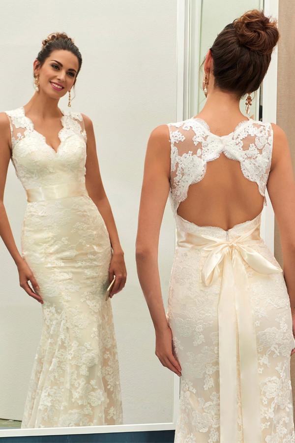 Charming V Neck Lace Sheath Wedding Dress With Sashes