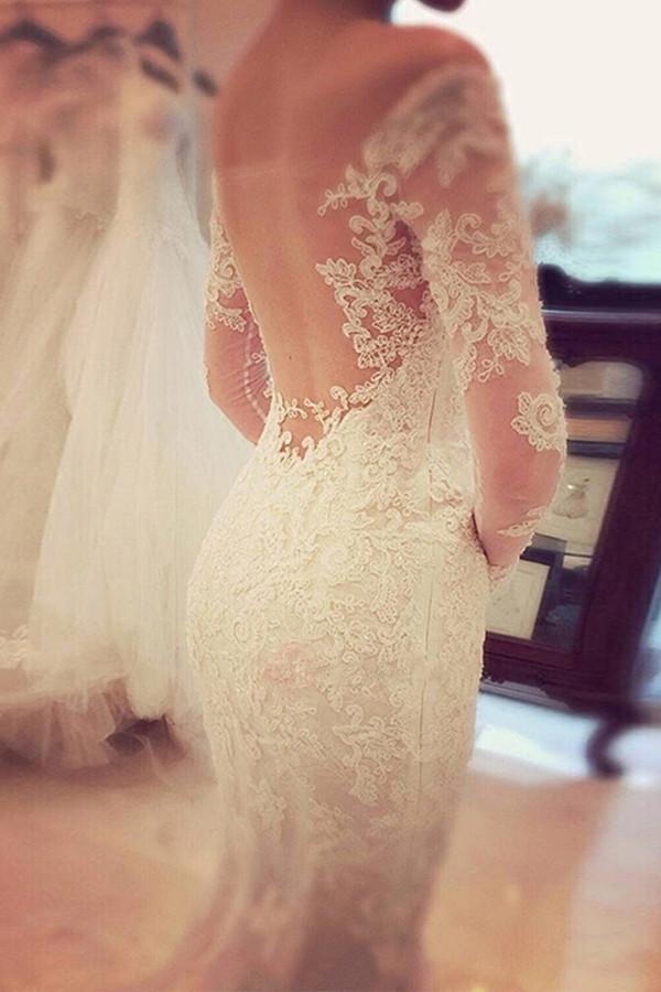 Charming Off The Shoulder Long Sleeves Lace Mermaid Wedding Dress