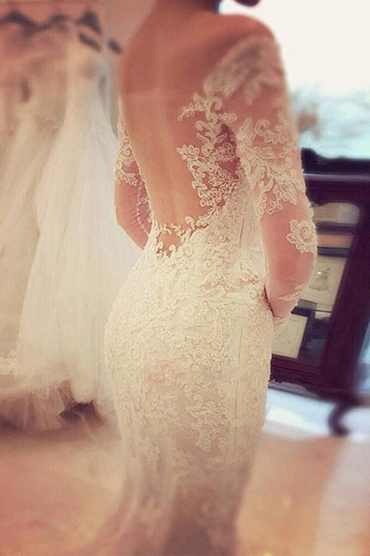 Charming Off The Shoulder Long Sleeves Lace Mermaid Wedding Dress