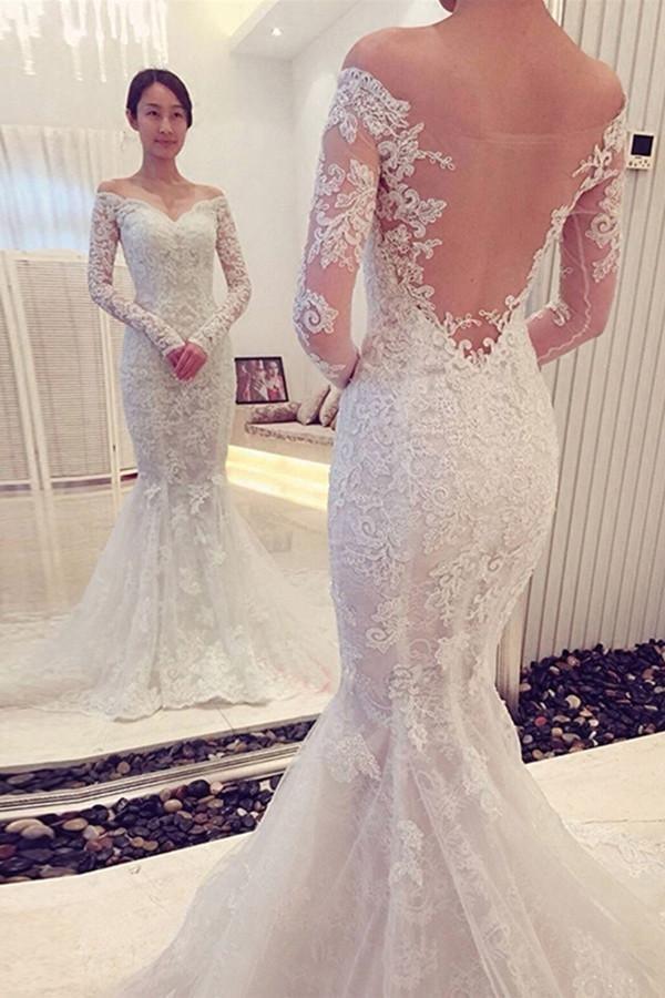 Charming Off The Shoulder Long Sleeves Lace Mermaid Wedding Dress