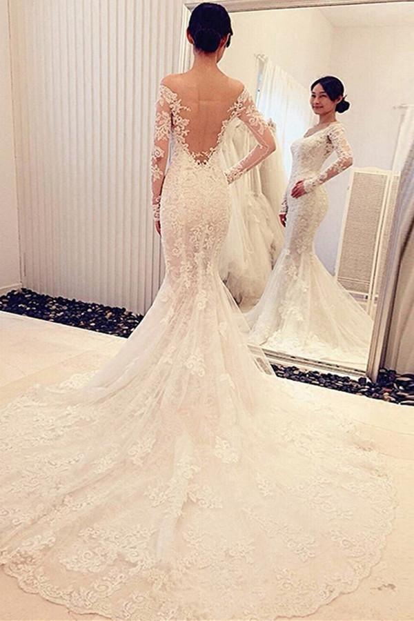 Charming Off The Shoulder Long Sleeves Lace Mermaid Wedding Dress