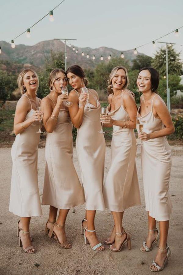 Charming Spaghetti Straps Champagne Silk Satin Bridesmaid Dresses