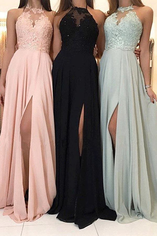 Long Bridesmaid Dresses Lace Top Chiffon Formal Dress with Slit