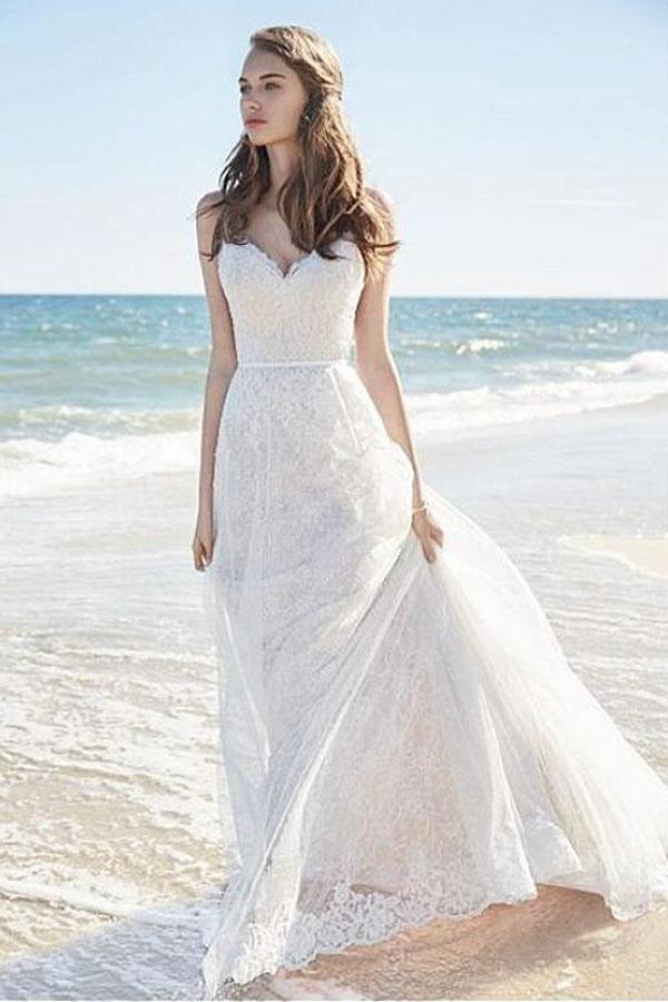 Chic Lace Beach Spaghetti Straps Long Wedding Dresses