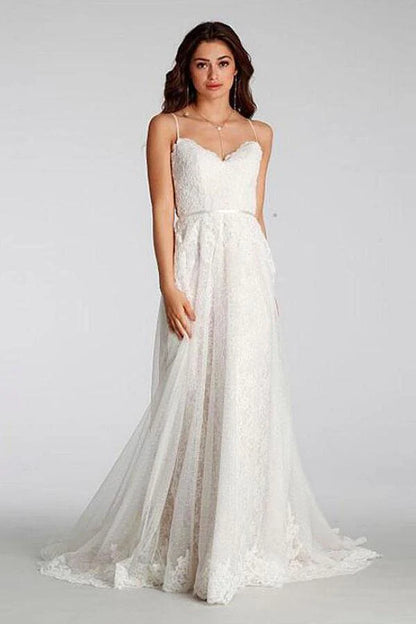 Chic Lace Beach Spaghetti Straps Long Wedding Dresses