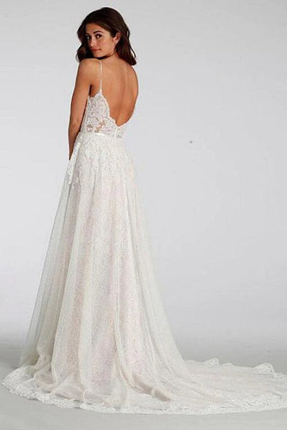 Chic Lace Beach Spaghetti Straps Long Wedding Dresses