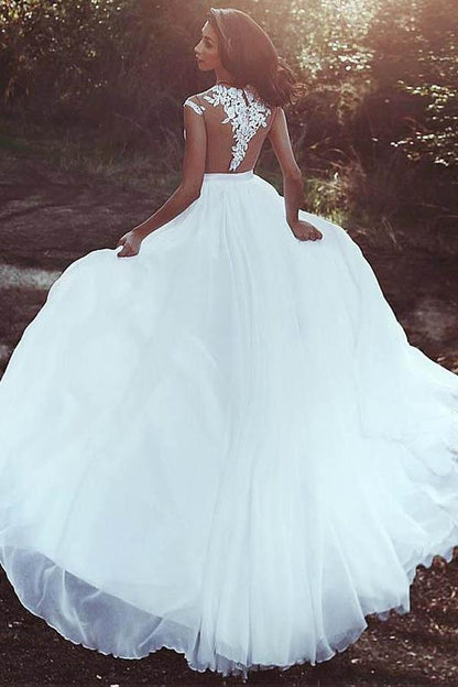 Chiffon Jewel Neckline A-line Wedding Dress With Lace Appliques