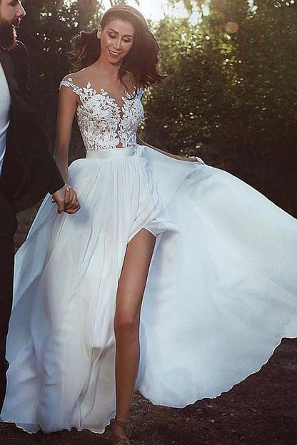 Chiffon Jewel Neckline A-line Wedding Dress With Lace Appliques