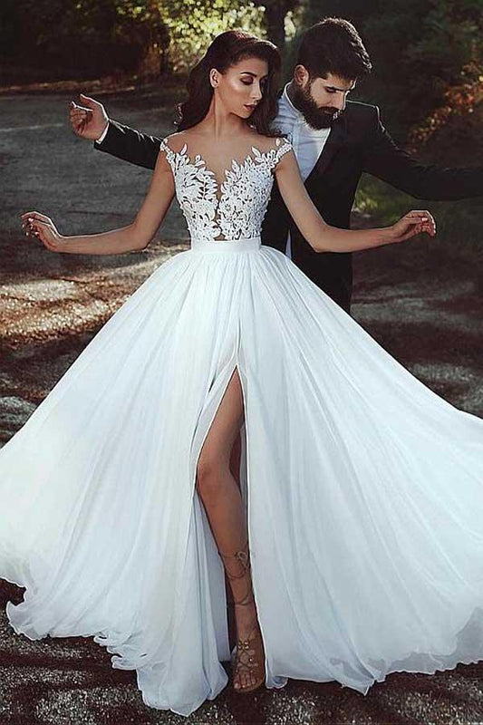 Chiffon Jewel Neckline A-line Wedding Dress With Lace Appliques