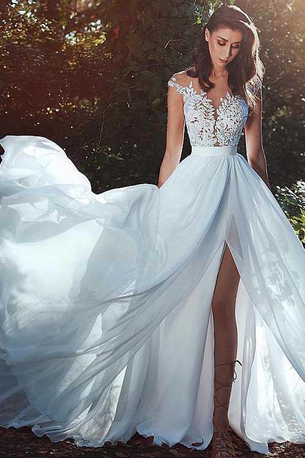 Chiffon Jewel Neckline A-line Wedding Dress With Lace Appliques