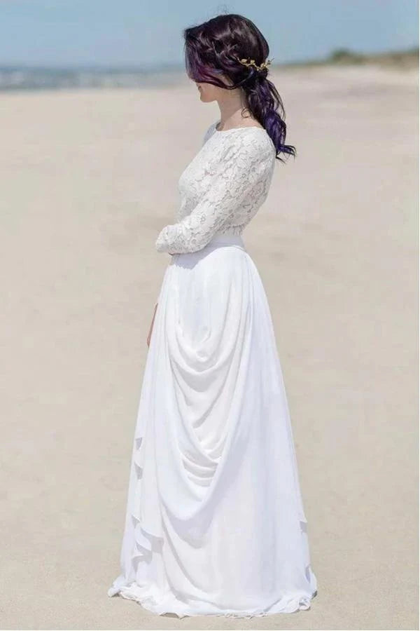 Chiffon Lace Long Sleeve White Zipper Beach Wedding/Bridal Dress