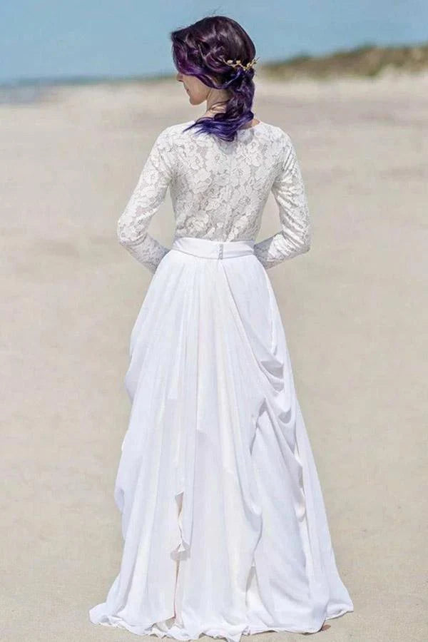 Chiffon Lace Long Sleeve White Zipper Beach Wedding/Bridal Dress