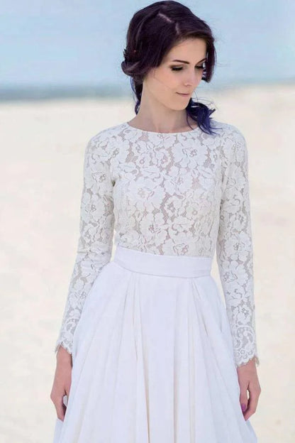 Chiffon Lace Long Sleeve White Zipper Beach Wedding/Bridal Dress