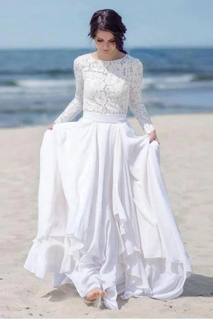 Chiffon Lace Long Sleeve White Zipper Beach Wedding/Bridal Dress